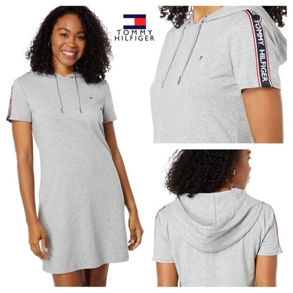 NWT $69 TOMMY HILFIGER Women S Short Sleeve Logo Hoodie Dress Sportswear Comfy - Picture 1 of 6